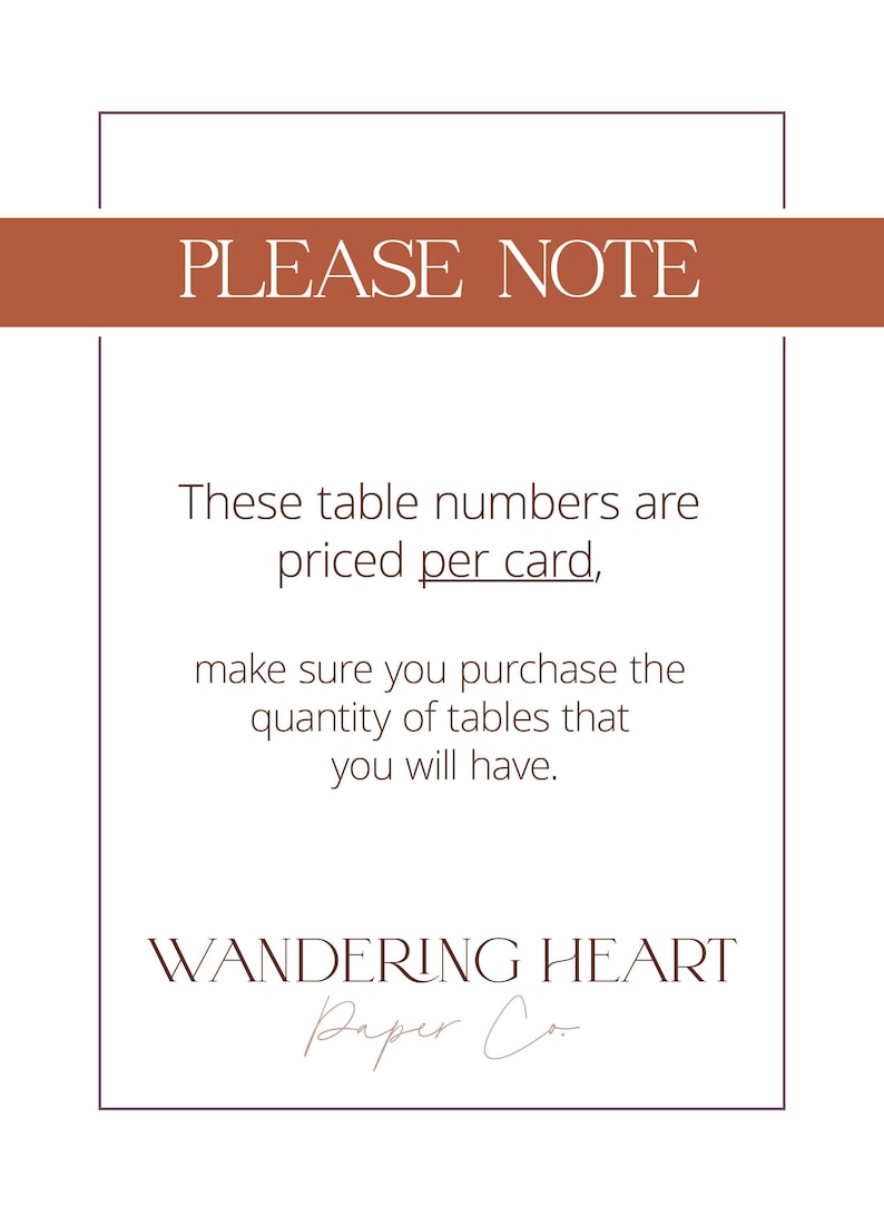 May include: A brown and white sign with the text "PLEASE NOTE" in large, bold letters. The text below reads "These table numbers are priced per card, make sure you purchase the quantity of tables that you will have." The sign is signed "WANDERING HEART Paper Co."