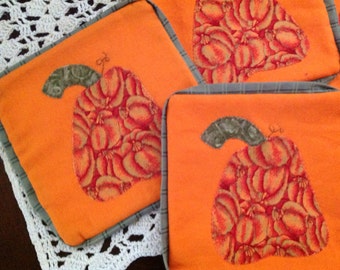Set of Four (4) Appliqued Harvest Pumpkin Coasters, Candle Mats,  Burnt Orange, Appliqued and Hand Embroidery, Ready for Holiday Decorating,