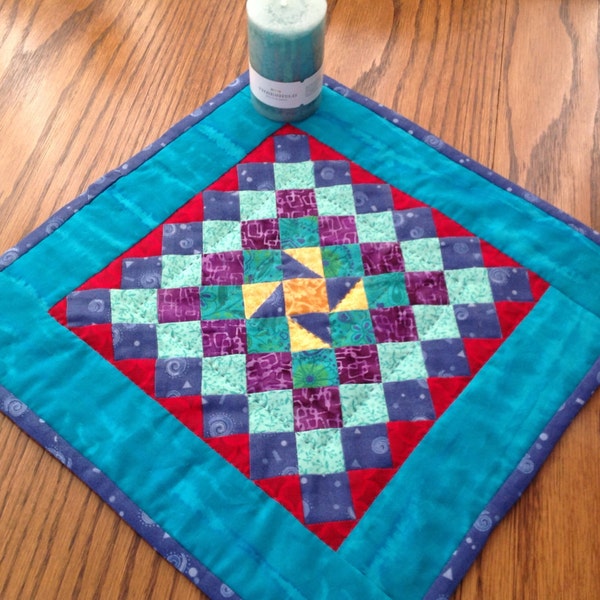 A Colorful Hand Quilted Pinwheel Miniature Quilt, Table Topper, Candle Mat, Wall Hanging