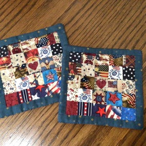 Set of 2 Patriotic Hand-Quilted Mug Mats, 4th of July Patchwork Coasters