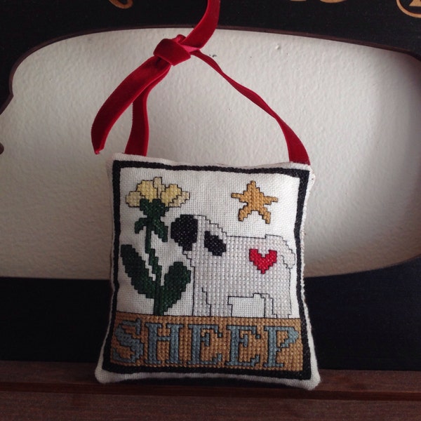 Cross stitch Miniature Sheep Hanging Pillow with Folk Art Style, Cross Stitch Lamb Hanging Pillow