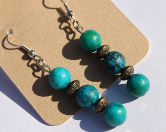 Turquoise Dangle Earrings, Stone Earrings, Blue, Green, Brass