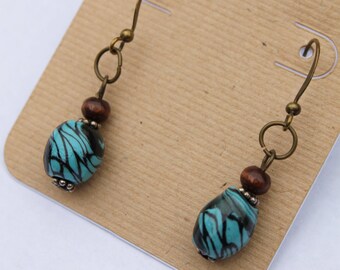 Marble Dangle Earrings, Handmade, Polymer Clay, Wood, Blue & Black, Brass