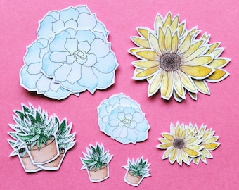 Watercolor Plant Sticker Pack, 16 stickers, Handmade, Succulent, Sunflower, Haworthia, Echeveria