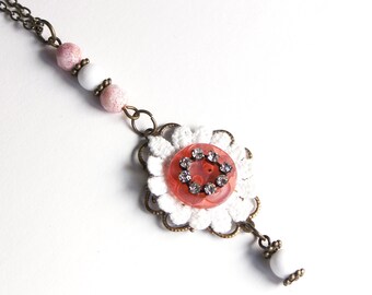 Pink Button Necklace, Handmade, 18", Cottagecore vintage necklace, Flower Pendant