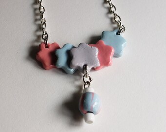 Flower Pendant Necklace, 18", Polymer Clay, Handmade, Silver, Pink, Blue, Purple
