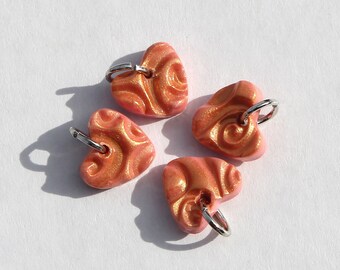 Metallic Heart Charms, Handmade, Polymer Clay, Pink, Metallic Bronze, Jewelry Supplies