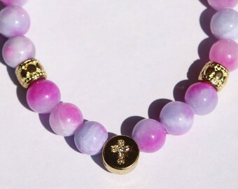 Pink Cross Bracelet, 7.5", Beaded Cross Bracelet, Handmade, Gold Cross charm