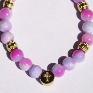 Pink Cross Bracelet, 7.5&quot;, Beaded Cross Bracelet, Handmade, Gold Cross charm