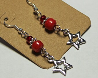 Silver Star Earrings, Dangle Earrings, Beaded Earrings, Nickel free, Red, Handmade
