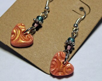 Metallic Heart Earrings, Nickel free, Polymer Clay, Handmade, Unique Gift, Women's Accessories