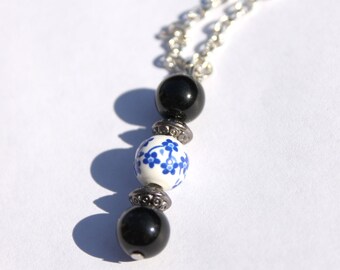 Beaded Pendant Necklace, 20 inch, Black and White, Floral, Minimalist, Modern, Handmade, Women's Accessories, Ceramic, Jasper