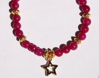 Pink Beaded Bracelet, 7", Gold Star, Charm Bracelet, Handmade, Gold, Pink
