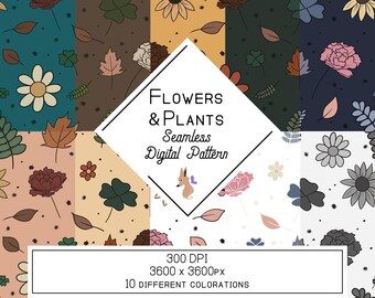Flowers Plants Paper, Digital Paper Pattern, Seamless pattern, Digital Download, Scrapbooking Supplies, Illustration