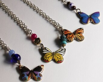 Butterfly Pendant Necklace, Handmade, Silver, Multicolor, Beaded, Purple, Blue, Yellow, Orange