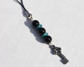 Skeleton Key Keychain, Handmade, Beaded Keychain, Phone Strap, Black, Blue, Silver