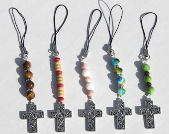 Silver Cross Keychain, Beaded, Phone Strap, Handmade, Religious