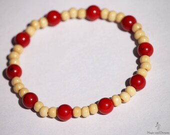 Unisex Beaded Bracelet, 7.5", Wooden, Red, Brown, Handmade