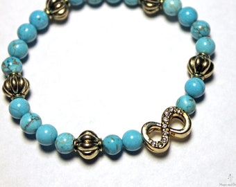 Turquoise Infinity Bracelet, 6 inch, Gold charm, Handmade, Adjustable