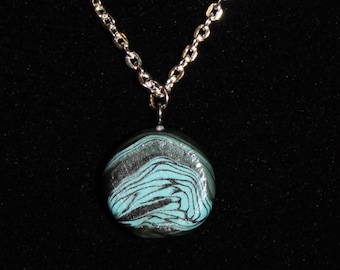 Marbled Necklace, Pendant, Polymer Clay, Handmade, 16", Black, Blue, Silver