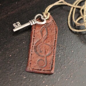Music Note Necklace, Polymer clay, Handmade, Treble Clef, Vintage, Faux Leather Tag, Distressed