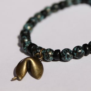 Fortune Cookies Charm Bracelet, Black, Turquoise, Wooden, Made to order