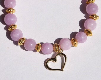 Lilac & Gold Beaded Bracelet, 7", 14k gold plated, Handmade, Gemstone