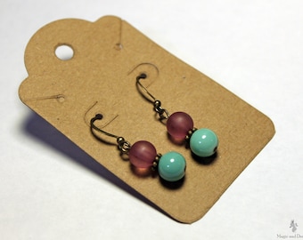 Pastel Earrings, Handmade, Turquoise, Pink, Brass Jewelry, Beaded Earrings