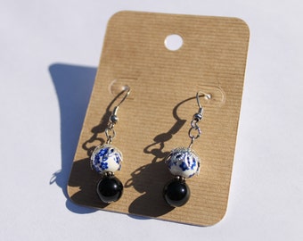 Floral Dangle Earrings, Nickel free, Handmade, Flowers, Ceramic, Stone, Beaded Jewelry, Women's Accessories