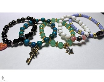 Beaded Gemstone Bracelets, 8", Handmade, Silver, Gold, Brass