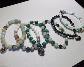 Beaded Bracelets, Summer, Beach, Ocean, 7", Handmade, Silver, Brass