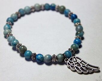 Turquoise Beaded Bracelet, 7", Handmade, Blue, Silver, Wing Charm, Feather Charm
