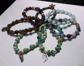 Beaded Charm Bracelets, 7", Handmade, Gemstone, Wood, Silver, Gold