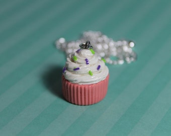 Pink Cupcake Necklace, Silver, Polymer Clay, Handmade, 16", Purple, Green, Miniature Food