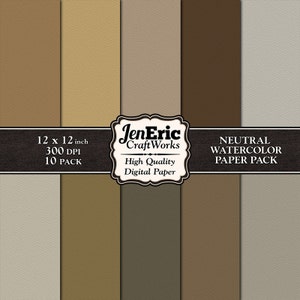 Neutral Cardstock Digital Paper, Printable Digital Background Texture, Natural Brown Beige Digital Watercolor, Instant Download 12x12 10Pk