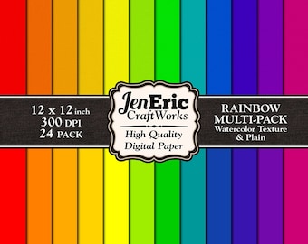 Rainbow Watercolor Digital Paper Pack, Cardstock Texture (Digital Download)
