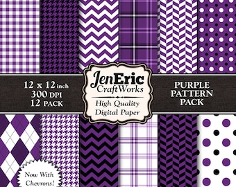 Purple Digital Paper Pack, Printable Purple Patterns, Digital Purple Background, Instant Download Scrapbooking 12x12 12-Pack