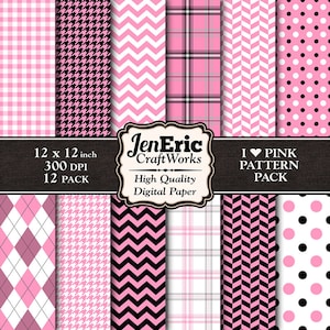 Pink Digital Paper, Pink And Black Digital Printable Patterns, Pink And White Digital, Baby Girl, Valentine Instant Download 12x12 12 Pk