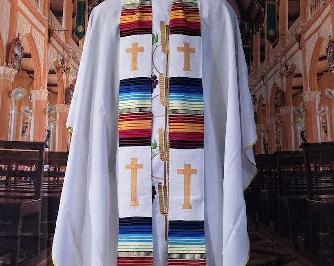 Multicultural White Kente Priest Stoles