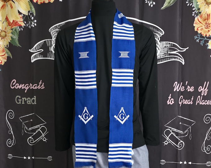 Masons Kente Stoles. Blue and White Kente. Two Symbols.