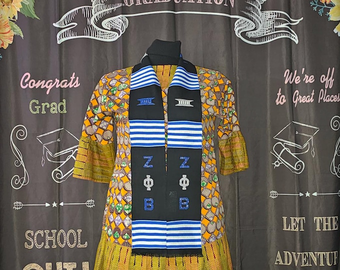 Zeta Phi Beta Black Kente Stoles. Blue and White Letters