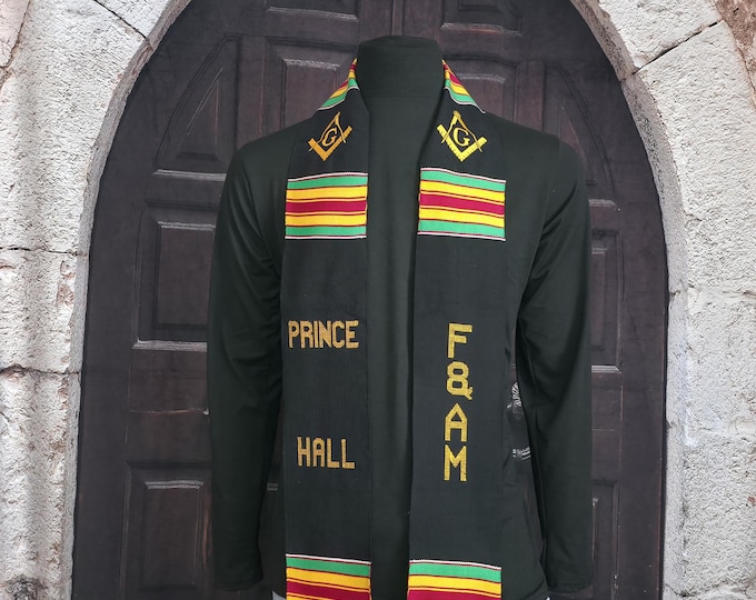 Masonic Prince Hall F&AM  Traditional Black Kente Stoles. 2 Logos