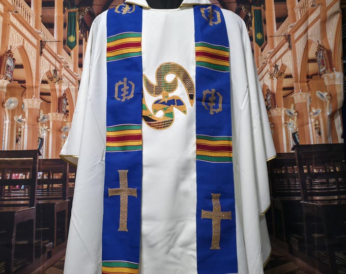 Traditional Blue Kente Priest Stoles. Gye Nyame