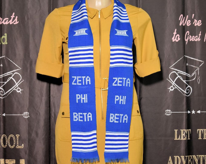 Zeta Phi Beta Kente Stole, Handwoven Blue & White