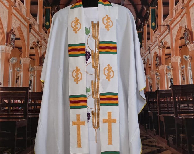 Traditional White Kente Priest Stoles.