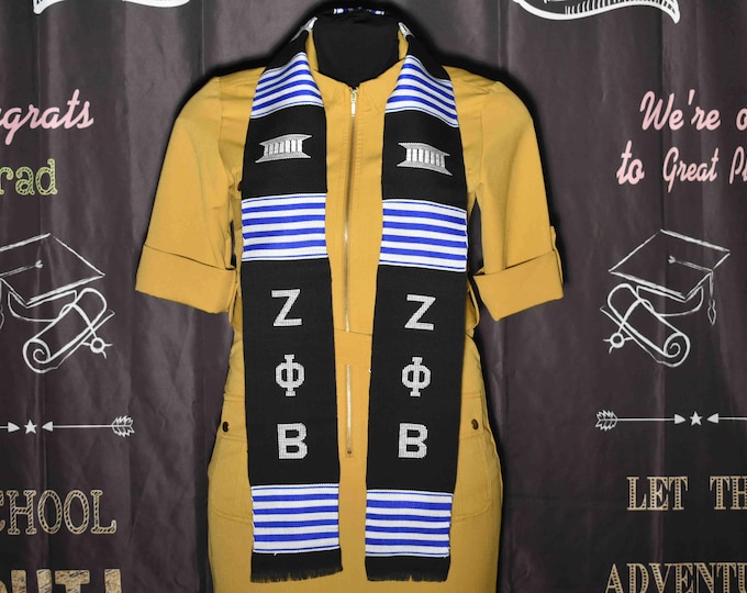 Zeta Phi Beta Black Kente Stoles. White Letters