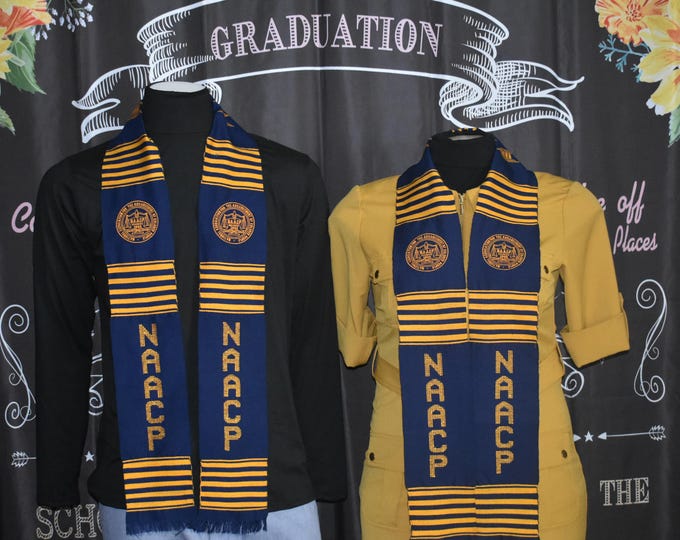 NAACP Navy Blue Kente Stoles. Two Logos.