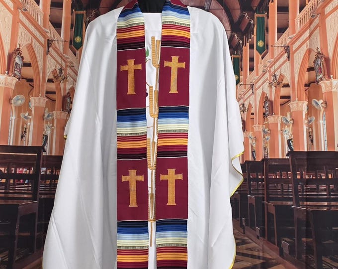 Multicultural Burgundy Kente Priest Stoles
