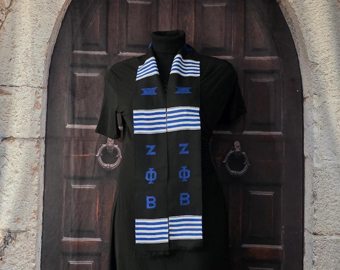 Zeta Phi Beta Black Kente Stoles. Blue Letters