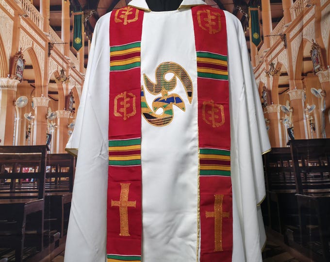 Traditional Red Kente Priest Stoles. Gye Nyame